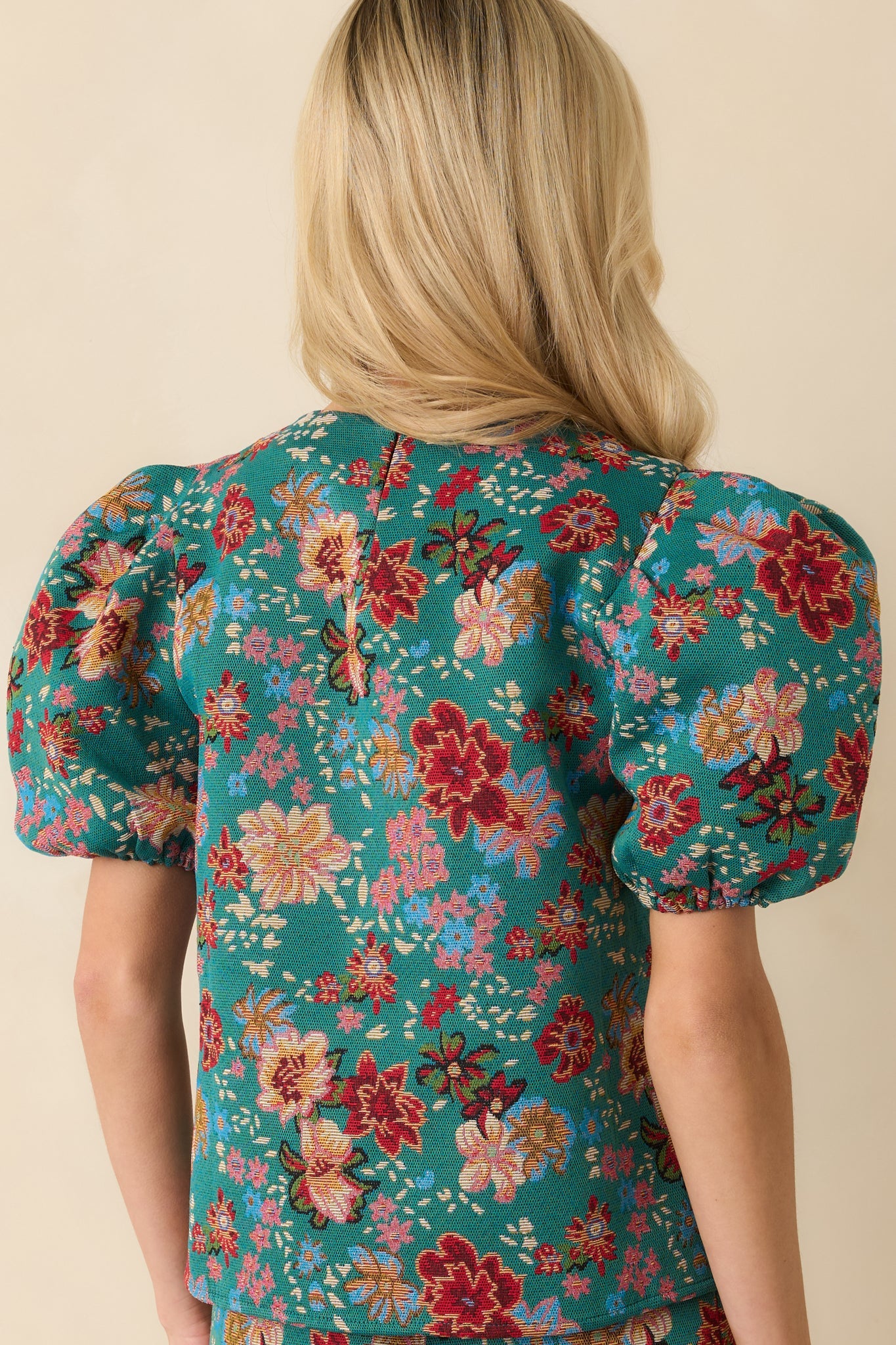 Pretty Please Teal Green Multi Floral Print Puff Sleeve Top