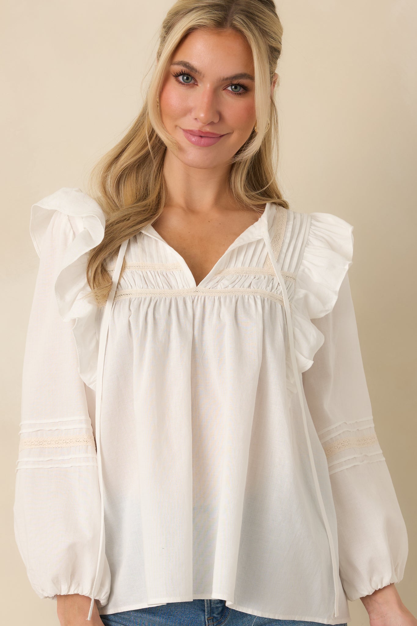 Where We Begin White Ruffle & Lace Trim Blouse