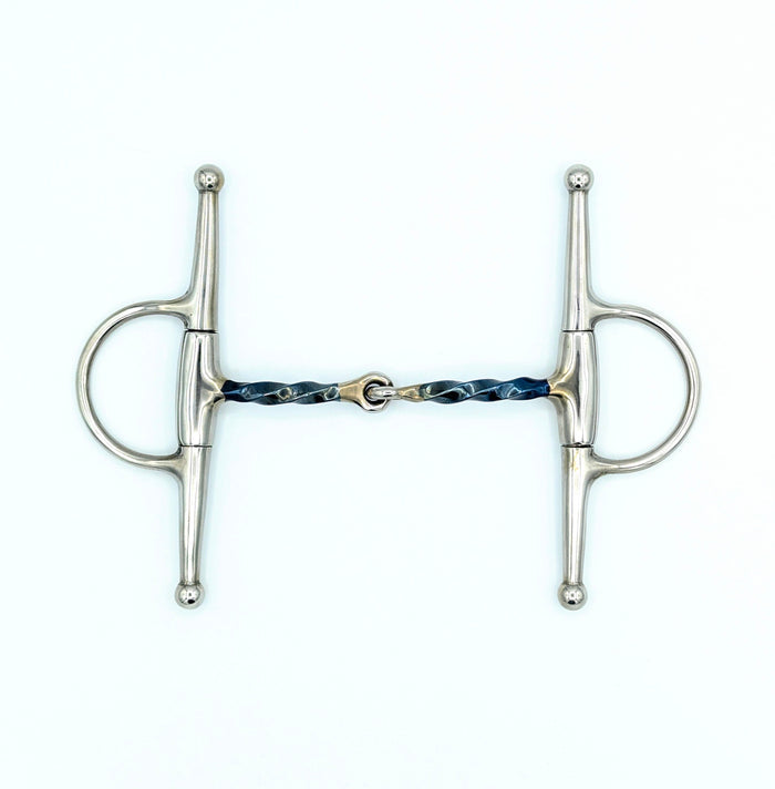 front view of a blue sweet iron thin slow twist full cheek snaffle on a white background.