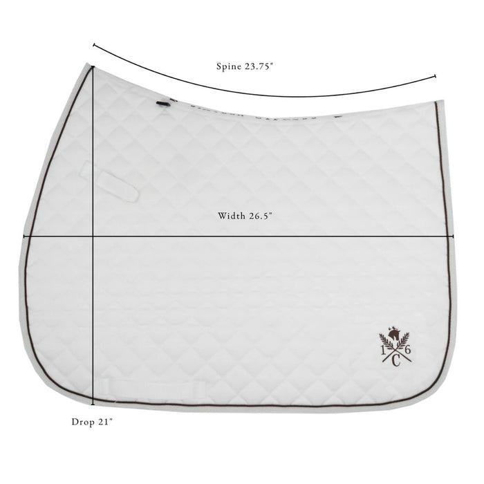 White saddle pad with measurements and a logo on a white background