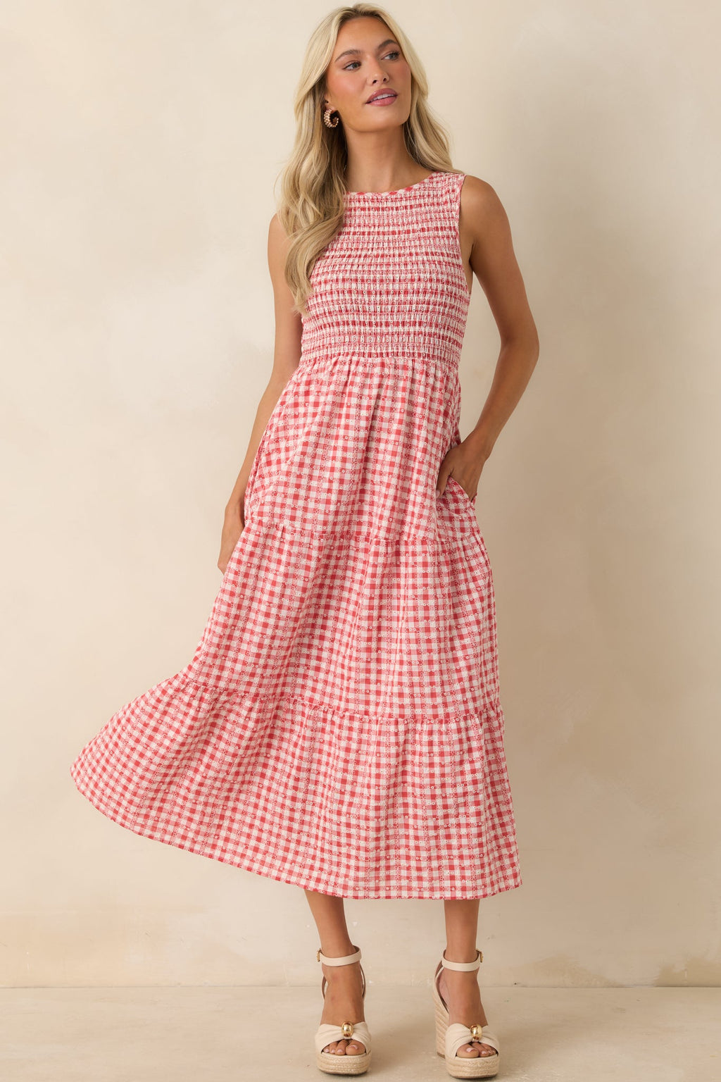Picnic Promises Red Gingham Eyelet Cotton Midi Dress