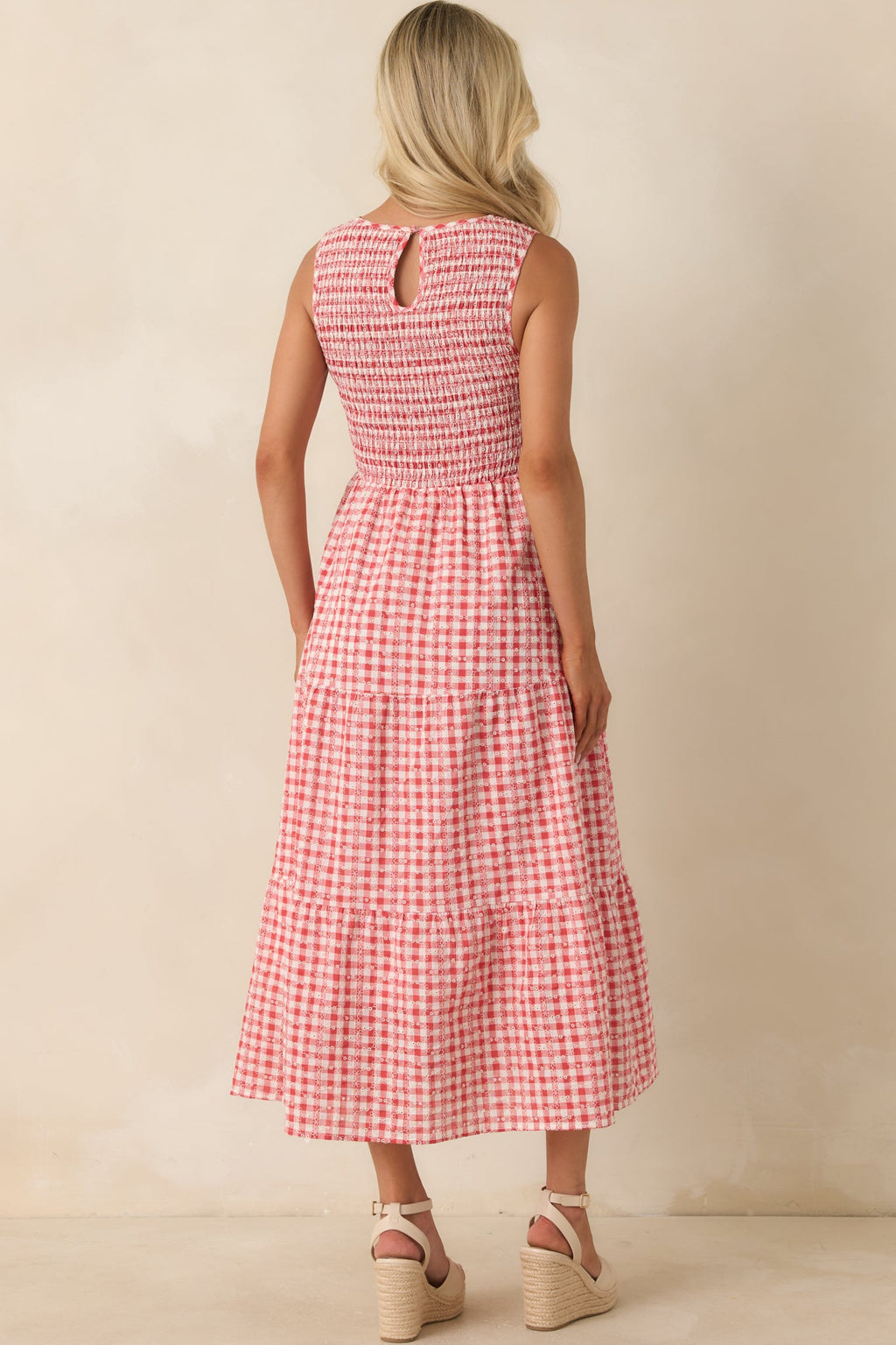 Picnic Promises Red Gingham Eyelet Cotton Midi Dress