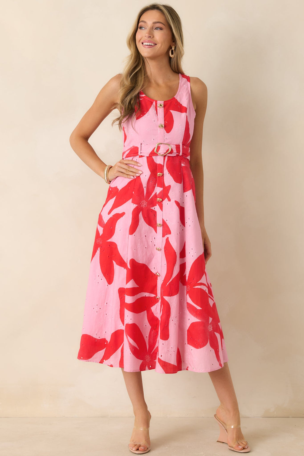 The Poetry of You Pink & Red Floral Embroidered Eyelet Cotton Midi Dress