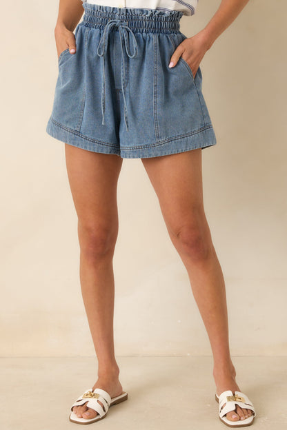 First Things First Medium Wash Cotton Drawstring Denim Shorts