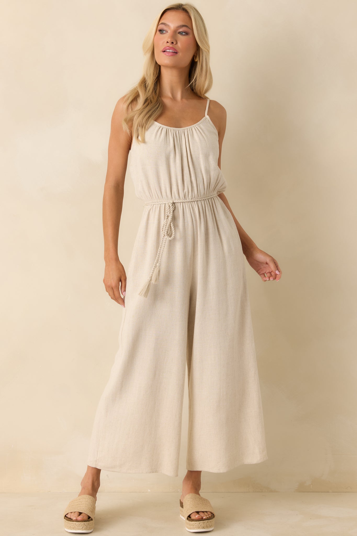 As Simple As That Natural Linen Blend Sleeveless Jumpsuit