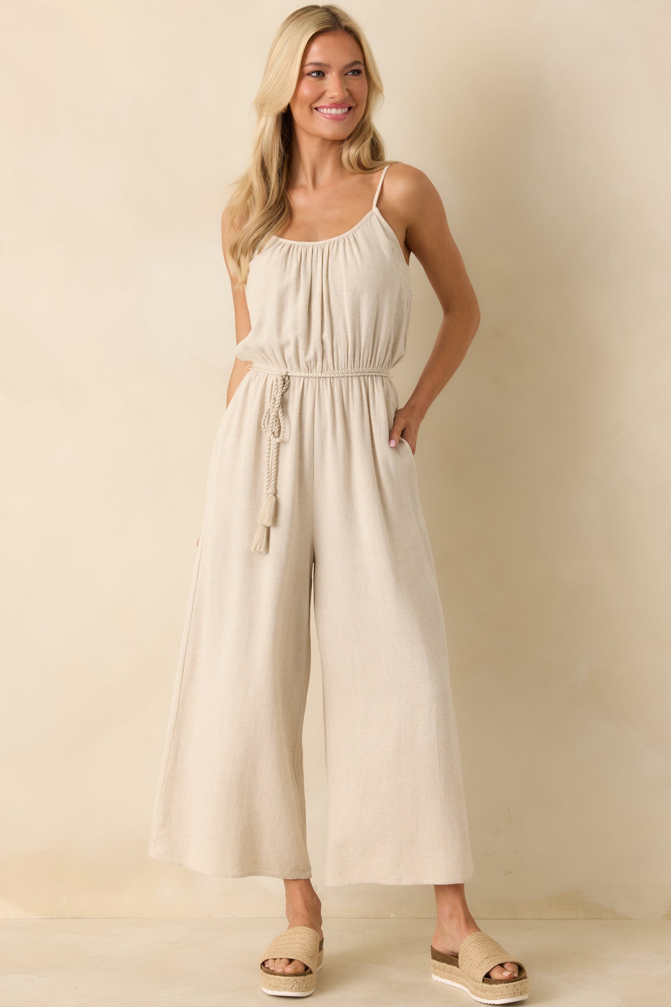 As Simple As That Natural Linen Blend Sleeveless Jumpsuit