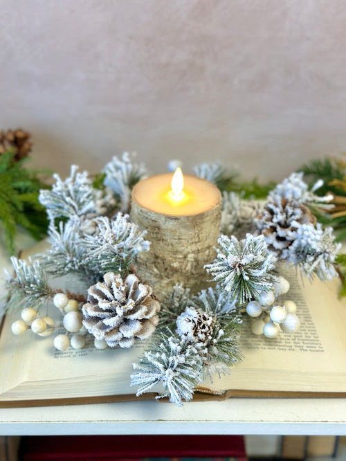 11.5" winter fest pine candle ring for farmhouse Winter home decor from Magnolias Home Decor