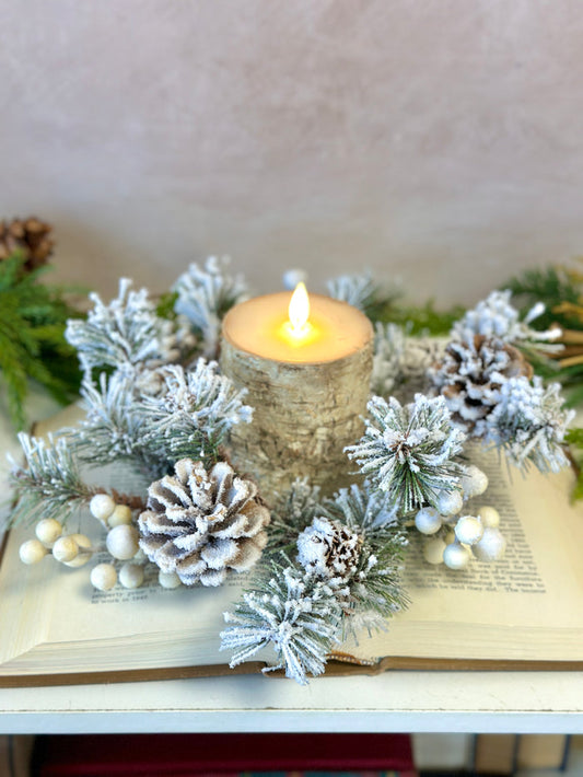 11.5" winter fest pine candle ring for farmhouse Winter home decor from Magnolias Home Decor