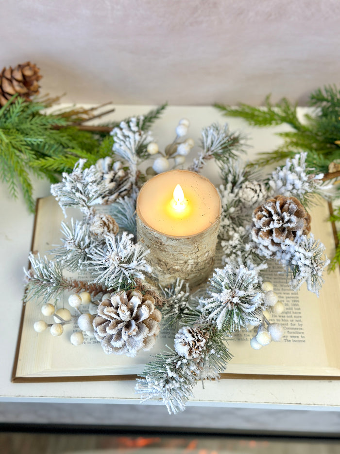 Winter fest pine candle ring styled for Winter home decor from Magnolias Home Decor