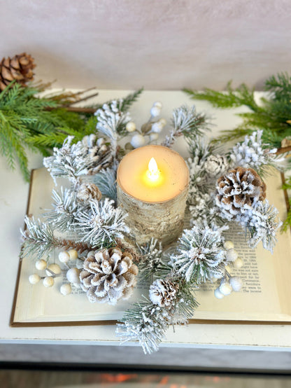 Winter fest pine candle ring styled for Winter home decor from Magnolias Home Decor