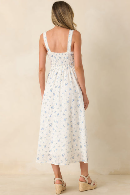 Forget Me Not Blue Floral Cotton Swiss Dot Prairie Midi Dress