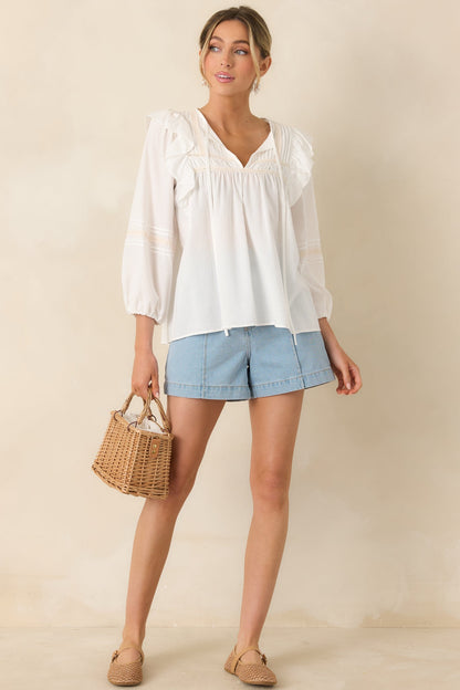 Where We Begin White Ruffle & Lace Trim Blouse