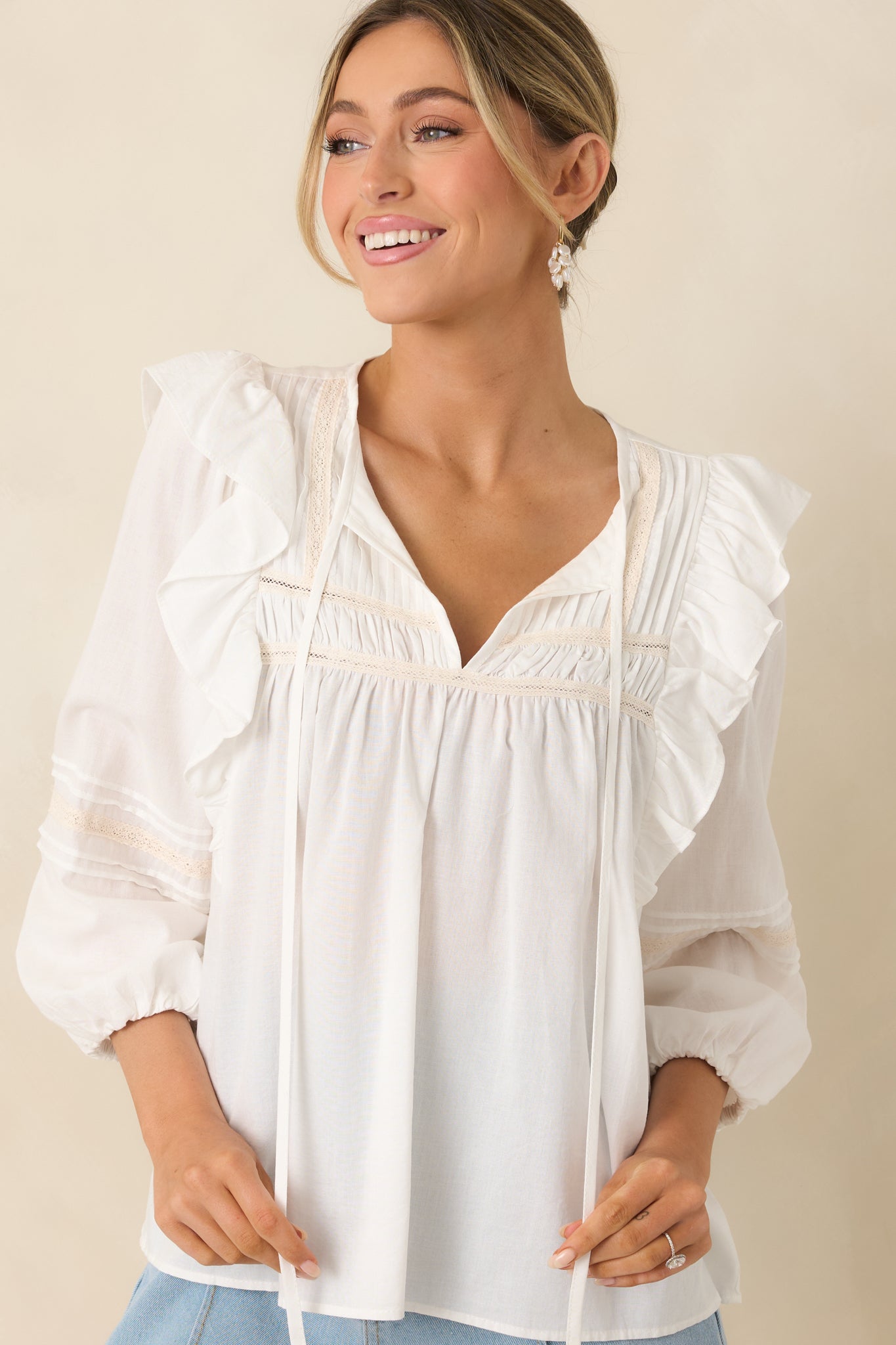 Where We Begin White Ruffle & Lace Trim Blouse