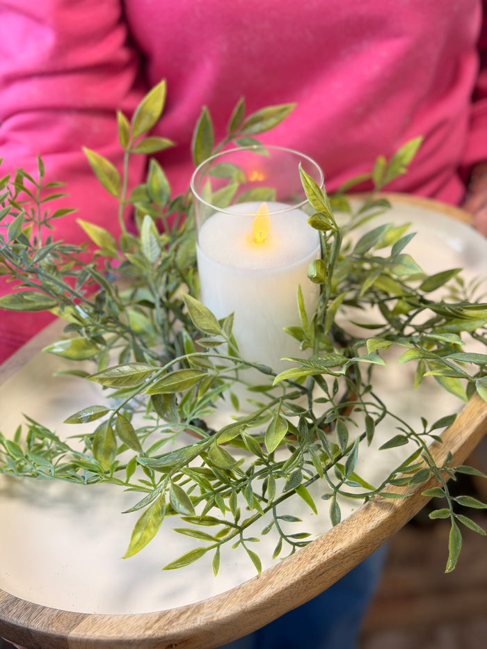 14" muted green ruscus candle ring for farmhouse home decor from Magnolias Home Decor