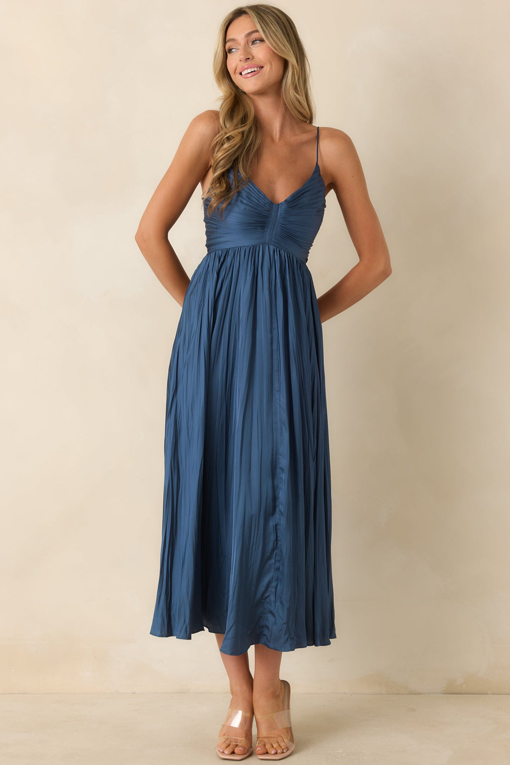 ASTR The Label Maeve Navy Pleated Midi Dress
