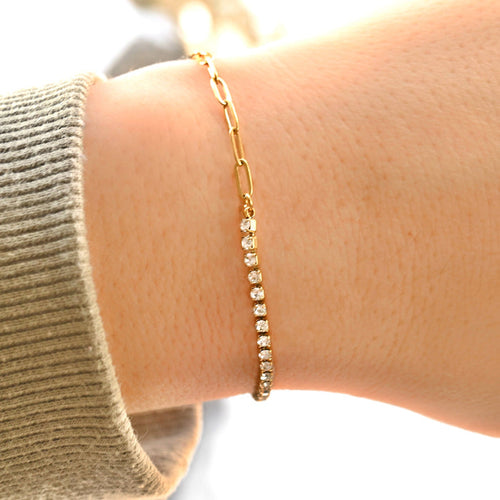 18k Gold Beaded Paperclip & Tennis Bracelet