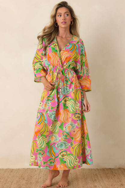 Paradisa Cabana Pink Multi Cotton Fish Print Caftan Dress