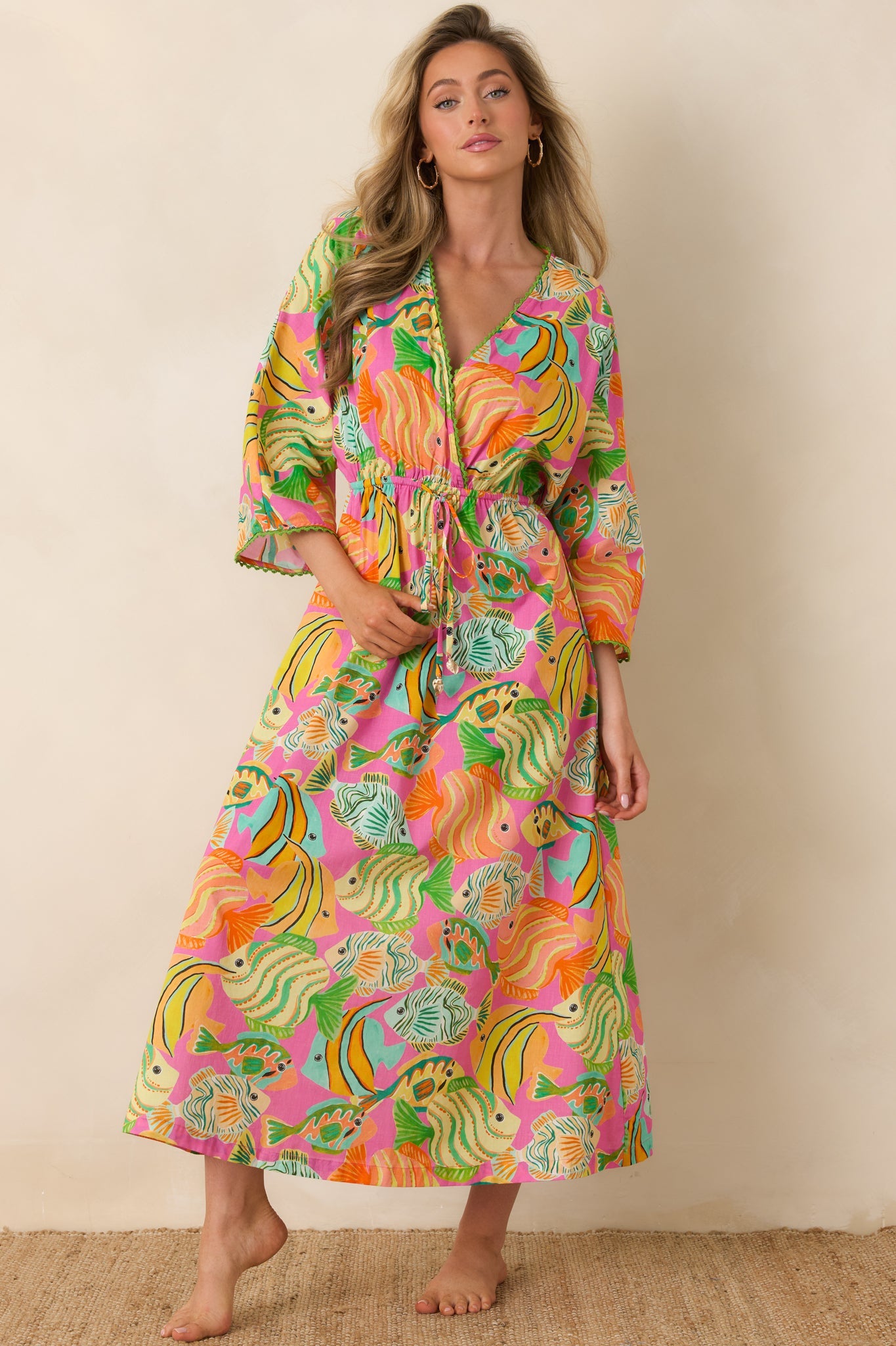 Paradisa Cabana Pink Multi Cotton Fish Print Caftan Dress