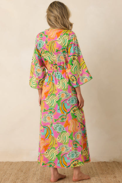 Paradisa Cabana Pink Multi Cotton Fish Print Caftan Dress