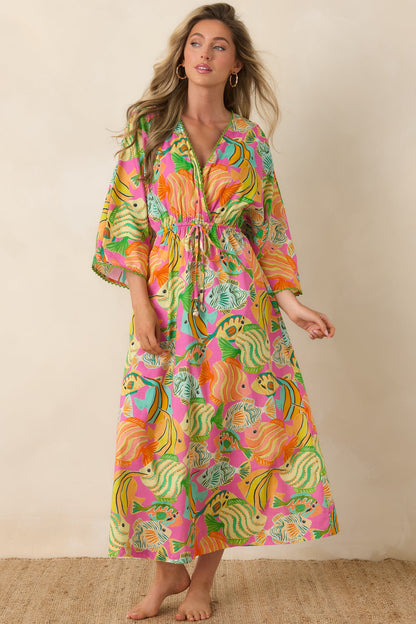 Paradisa Cabana Pink Multi Cotton Fish Print Caftan Dress
