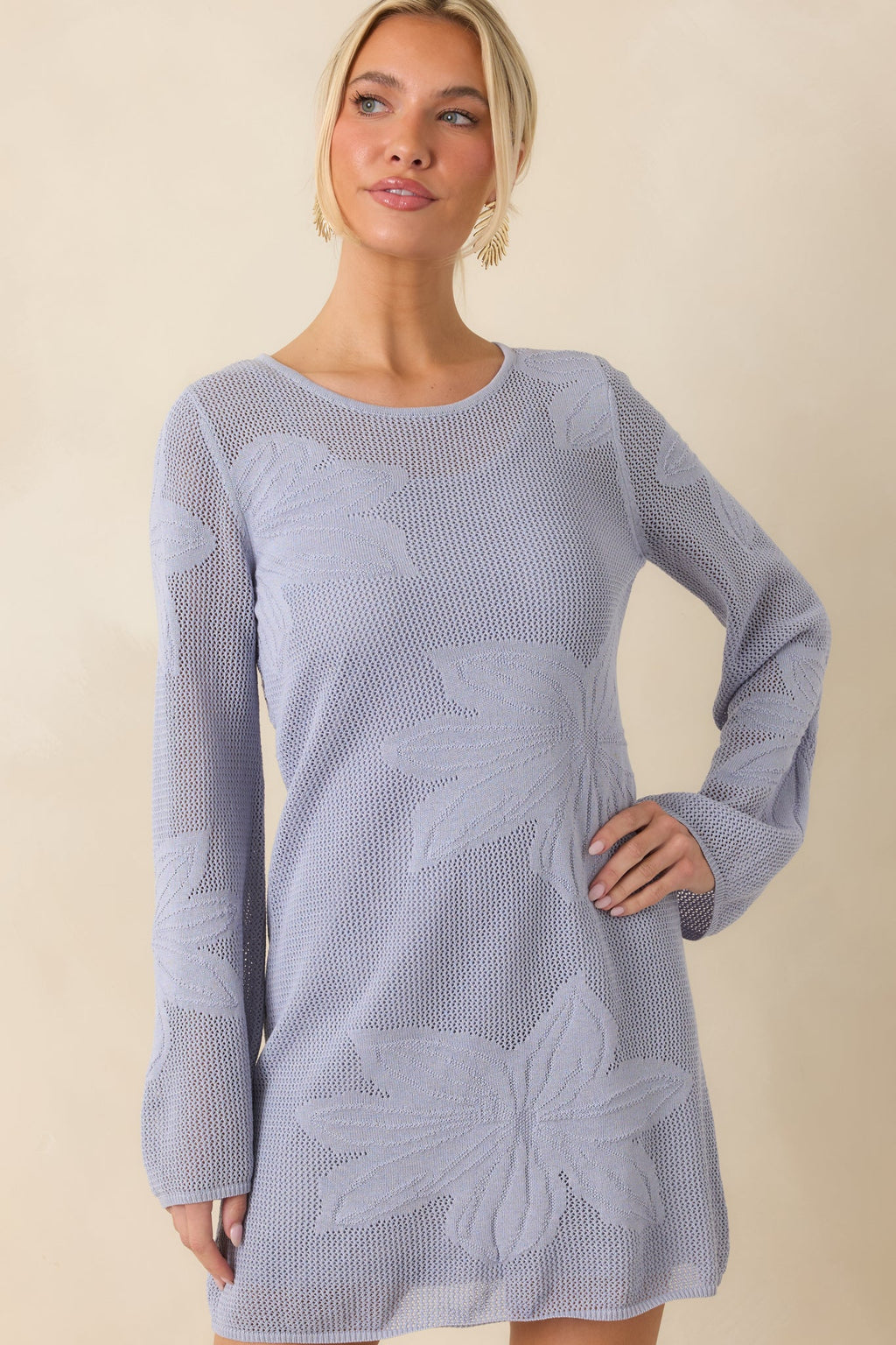 Sheer Bliss Dusty Blue Floral Open Knit Mini Dress