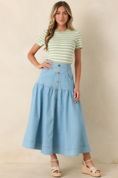 Town & Country Light Wash Denim Button-Down Maxi Skirt