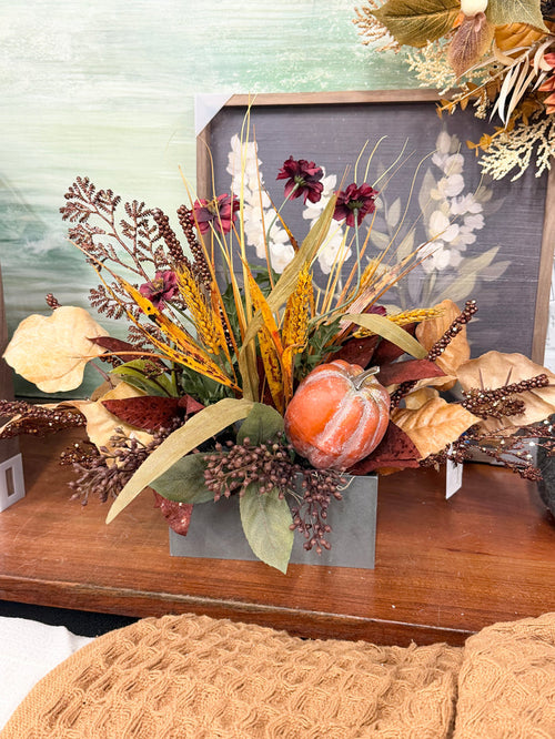 Silk floral burgundy rust deep autumn centerpiece 21 inch handmade for traditional fall home decor from Magnolias Home Decor