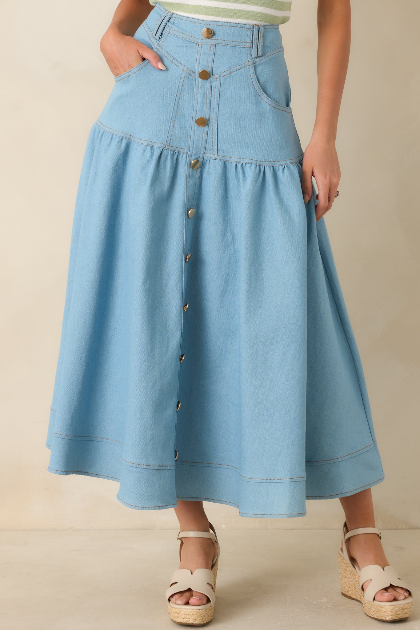 Town & Country Light Wash Denim Button-Down Maxi Skirt