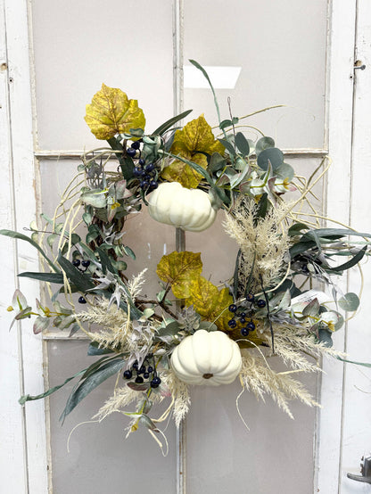 Silk floral rust orange fall delight wreath 23 inch handmade for farmhouse traditional fall home decor from Magnolias Home Decor