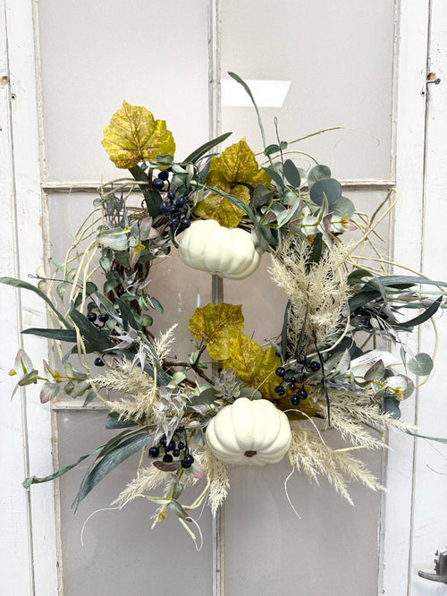 Silk floral rust orange fall delight wreath 23 inch handmade for farmhouse traditional fall home decor from Magnolias Home Decor