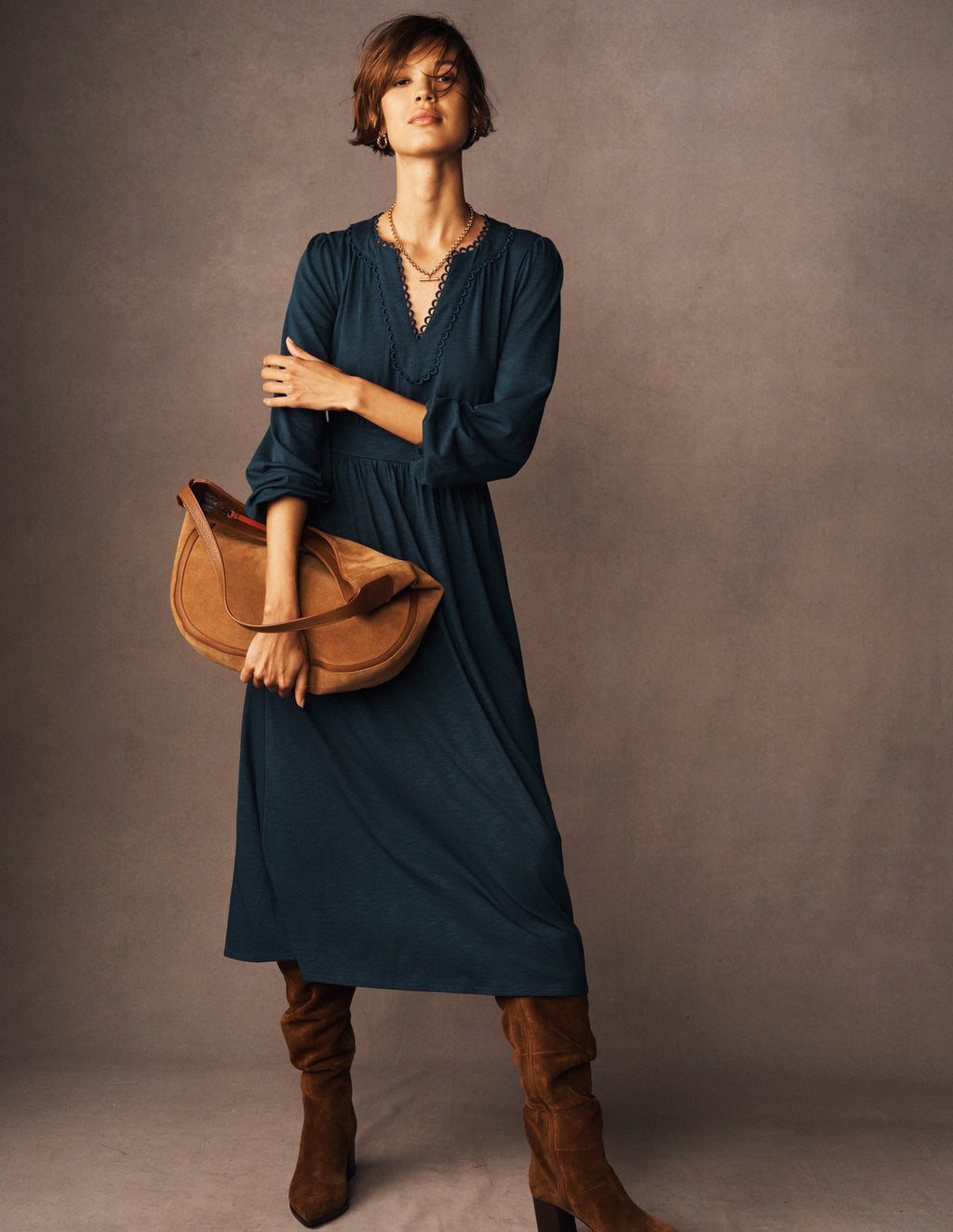 Maddie Picot Trim Midi Dress-Midnight Teal