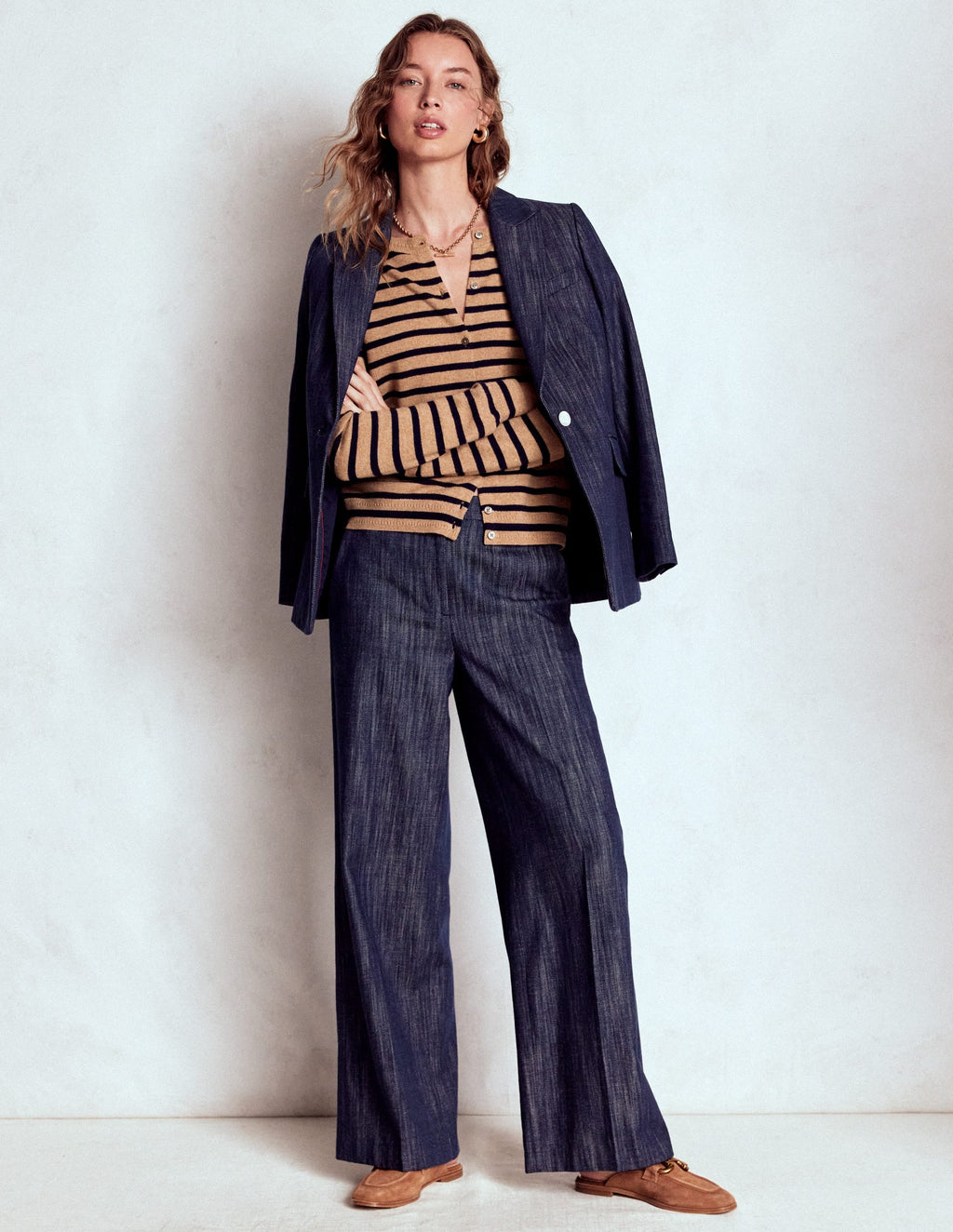 Eva Cashmere Crew Cardigan-Camel Melange/Navy Stripe