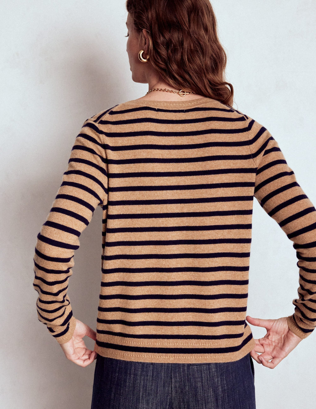 Eva Cashmere Crew Cardigan-Camel Melange/Navy Stripe