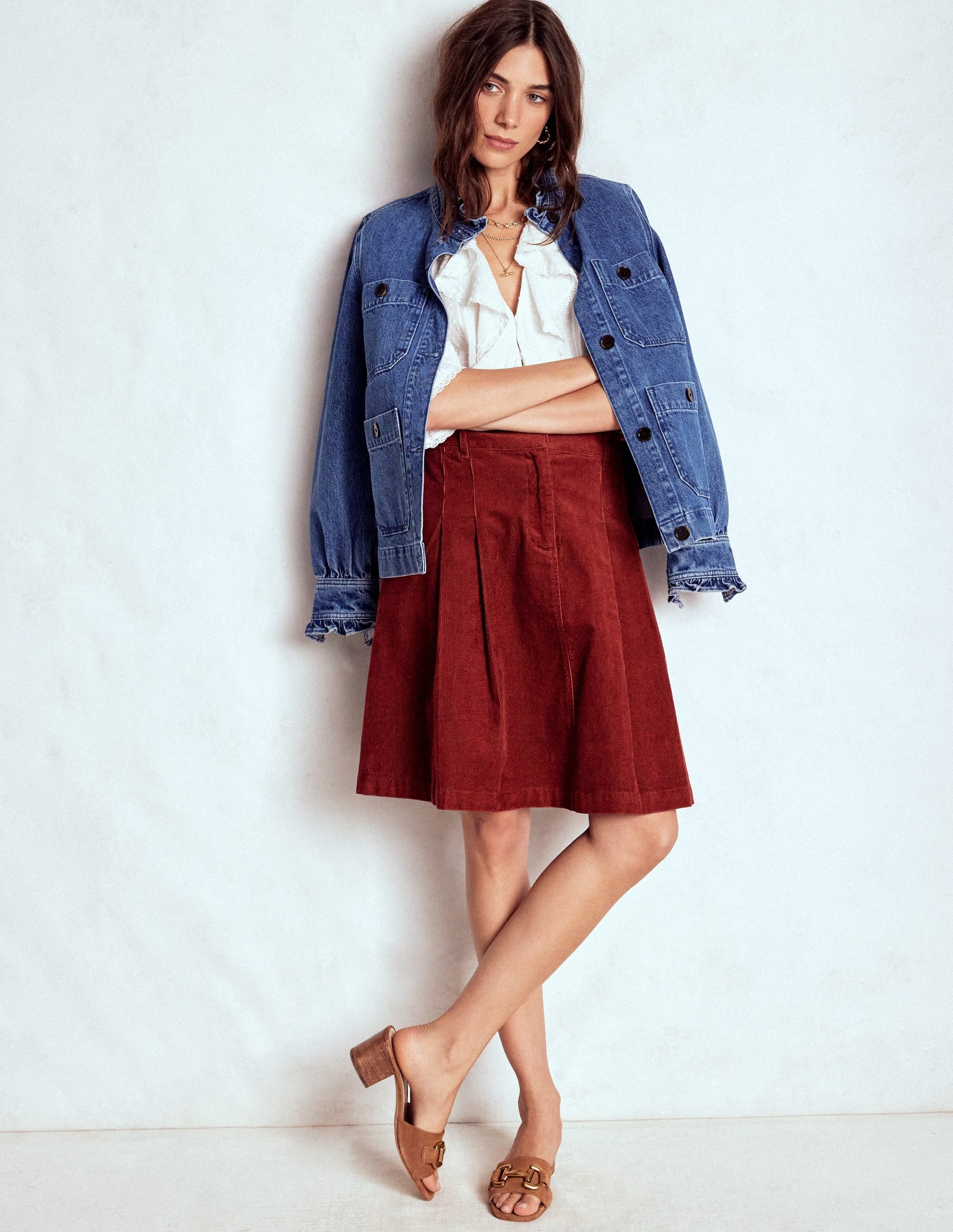 Pleated Cord Skirt-Fired Brick