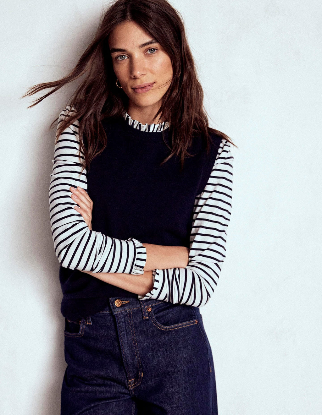 Supersoft Frill Detail Top-Ivory / Navy Stripe