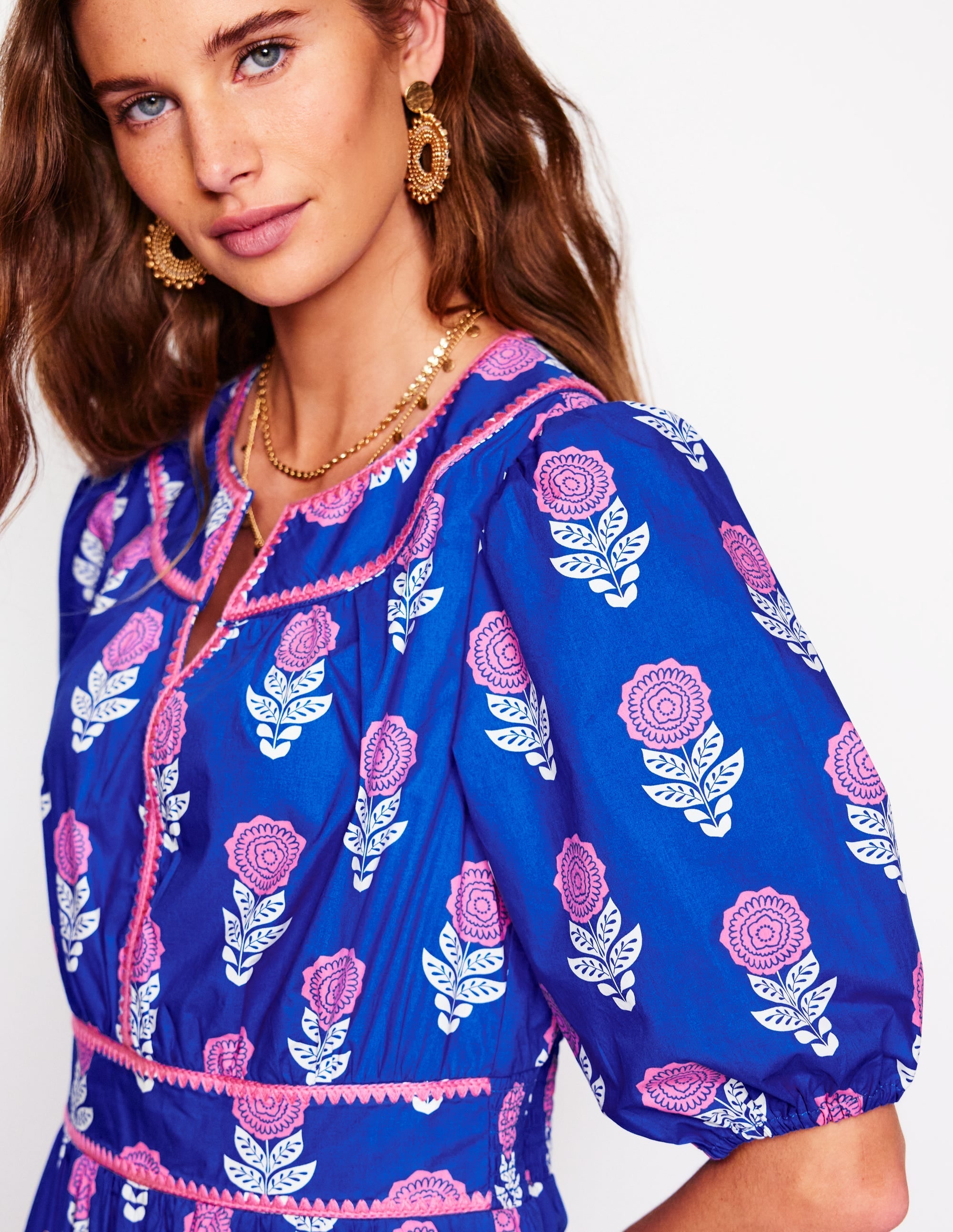 Rhea Embroidered Midi Dress-Gallery Blue, Dahlia Sprig