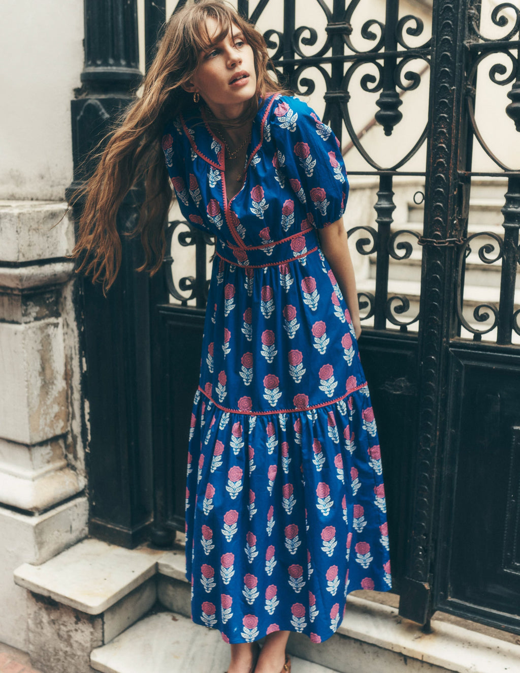 Rhea Embroidered Midi Dress-Gallery Blue, Dahlia Sprig