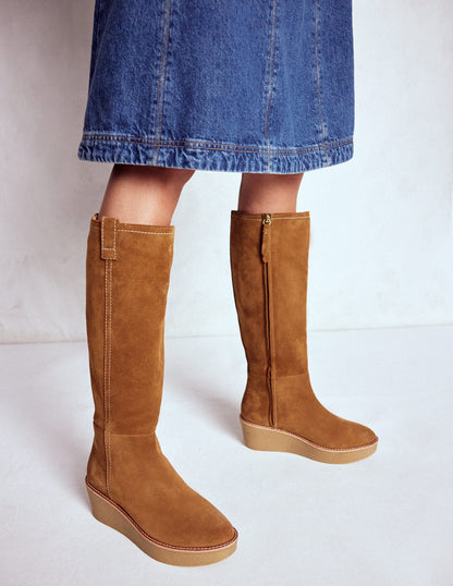 Knee High Wedge Boots-Tan