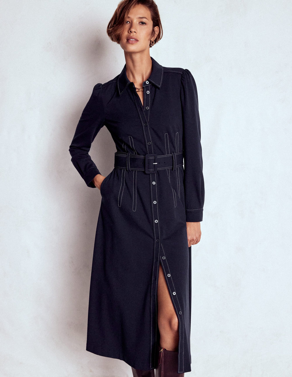 Anita Long Sleeve Shirt Dress-Navy