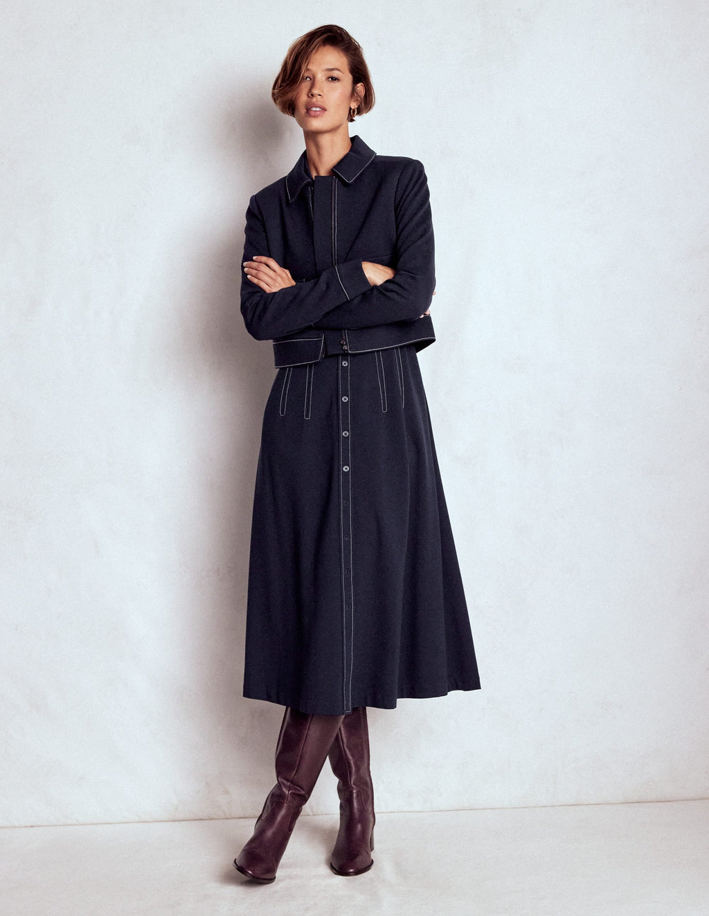 Anita Long Sleeve Shirt Dress-Navy