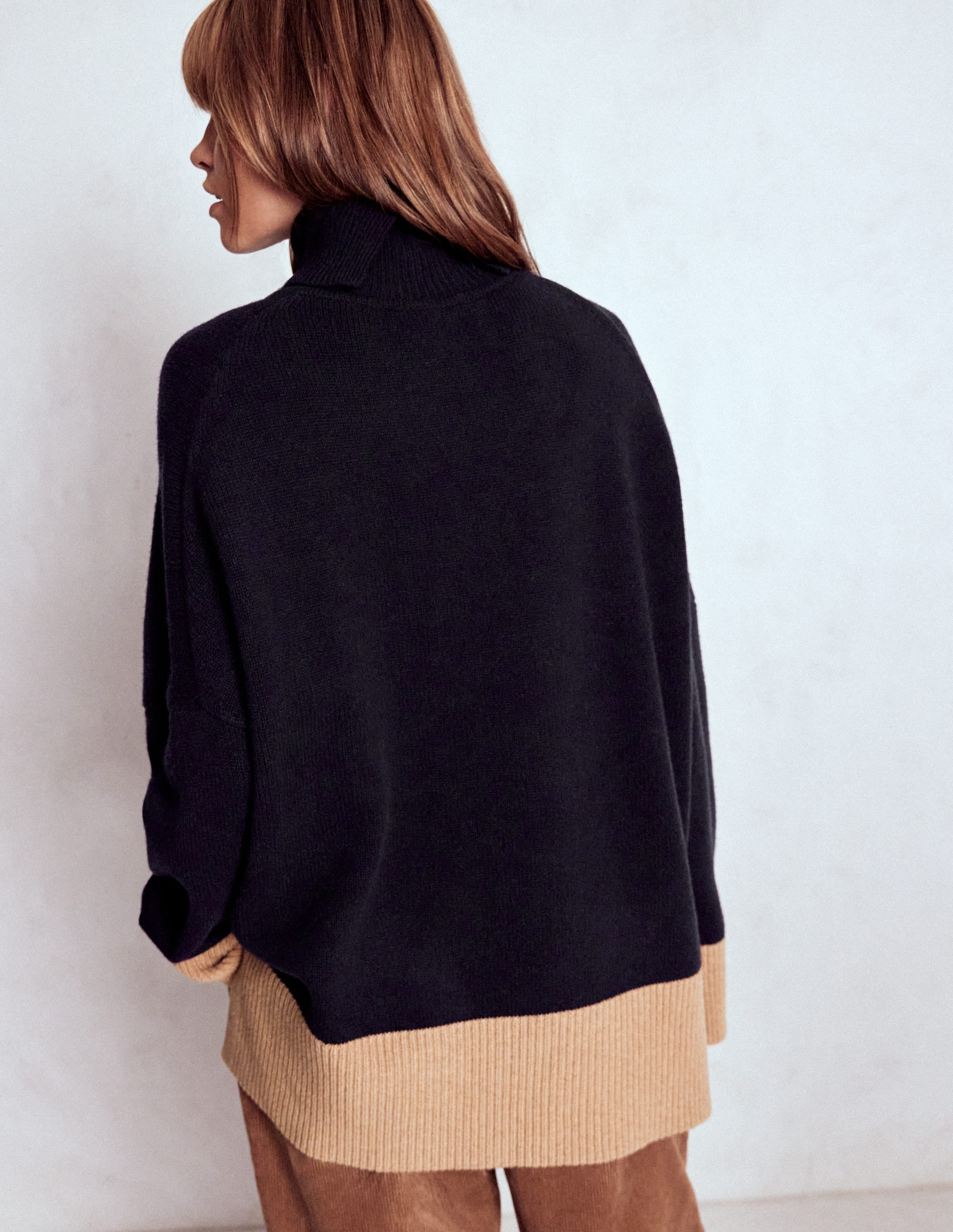 Polly Merino Roll Neck Sweater-Navy, Warm Taupe Colour Block