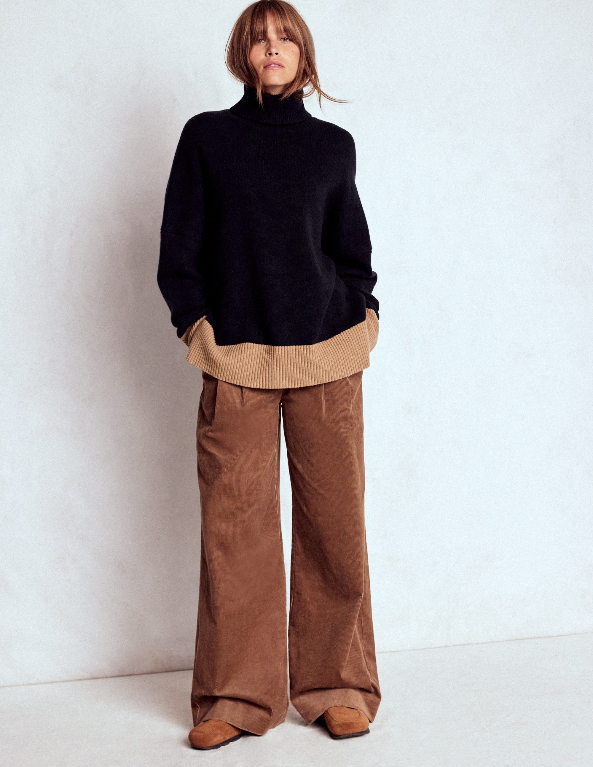 Polly Merino Roll Neck Sweater-Navy, Warm Taupe Colour Block
