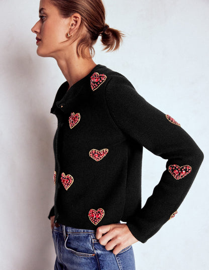 Jewelled Knitted Jacket-Black Hearts