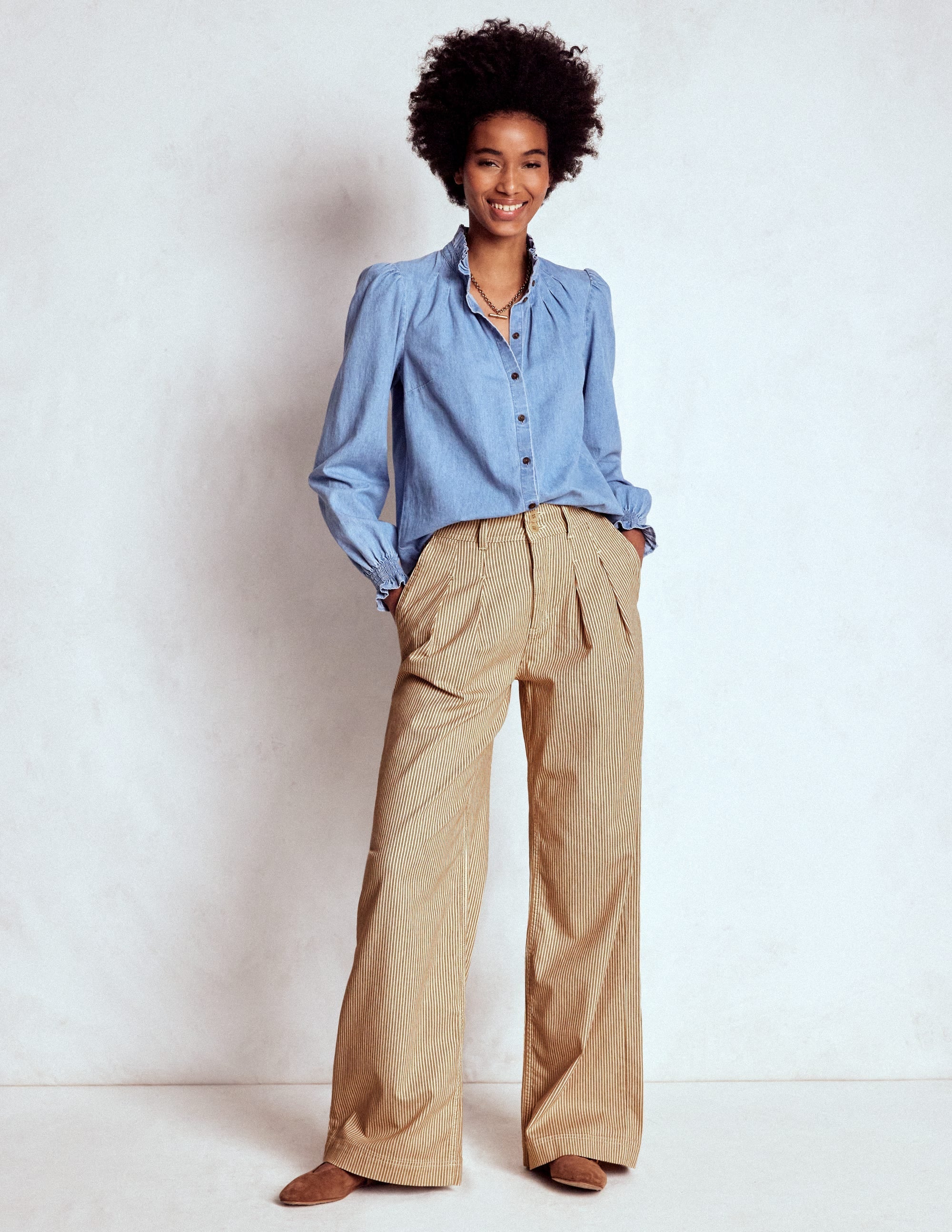 Brompton Wide Leg Pants-Tan and Ecru Stripe