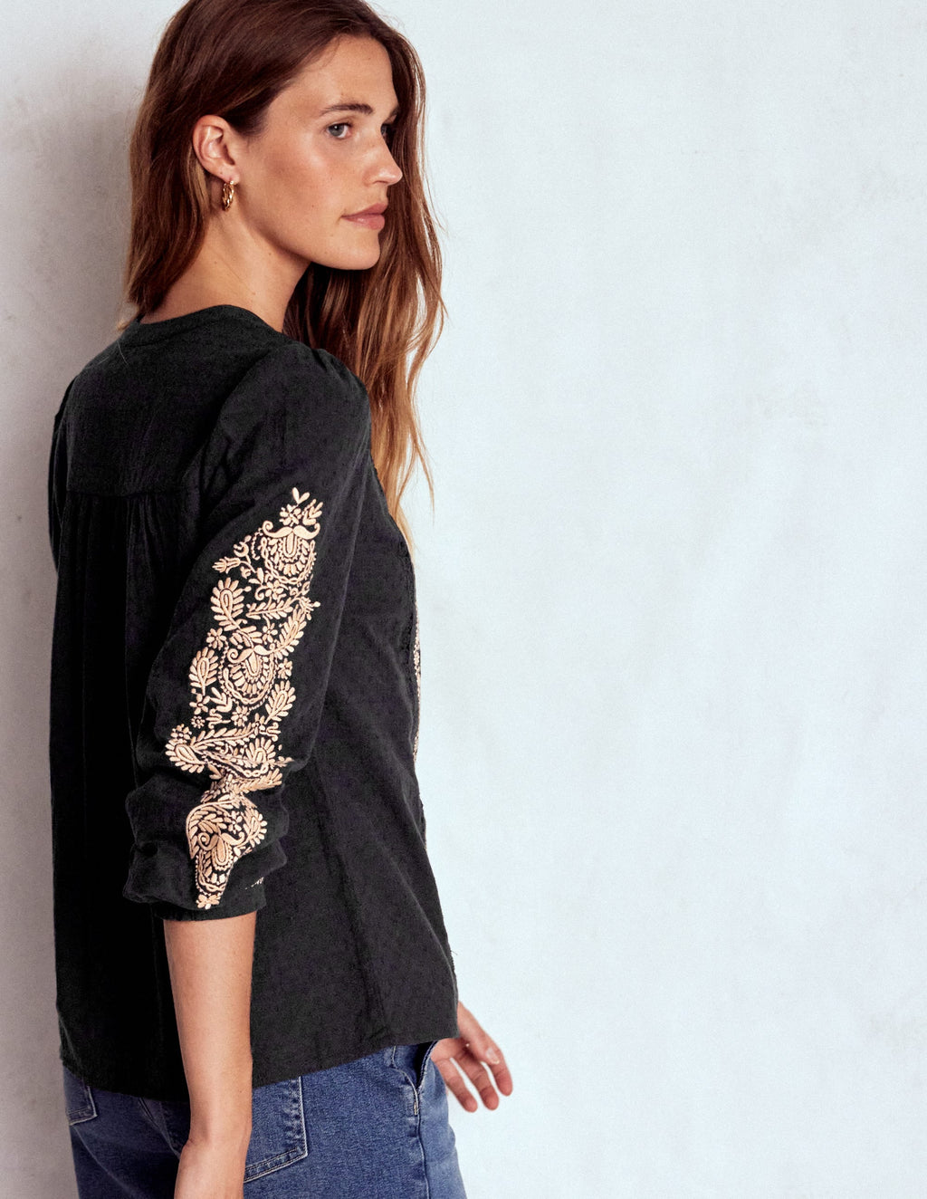 Embroidered Cotton Top-Black