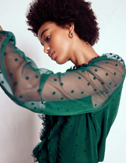 Frilled Tulle Blouse-Emerald Night