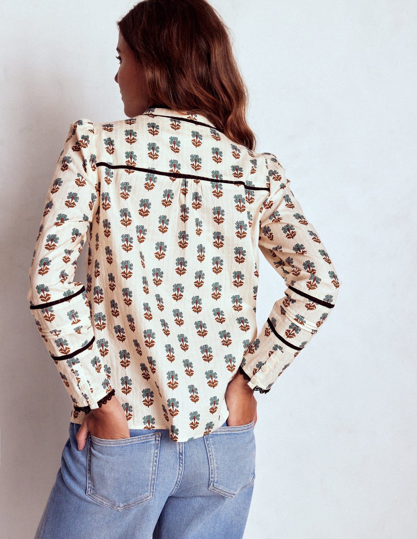 Carmen Lace Trim Cotton Top-Ivory, Woodblock Flower