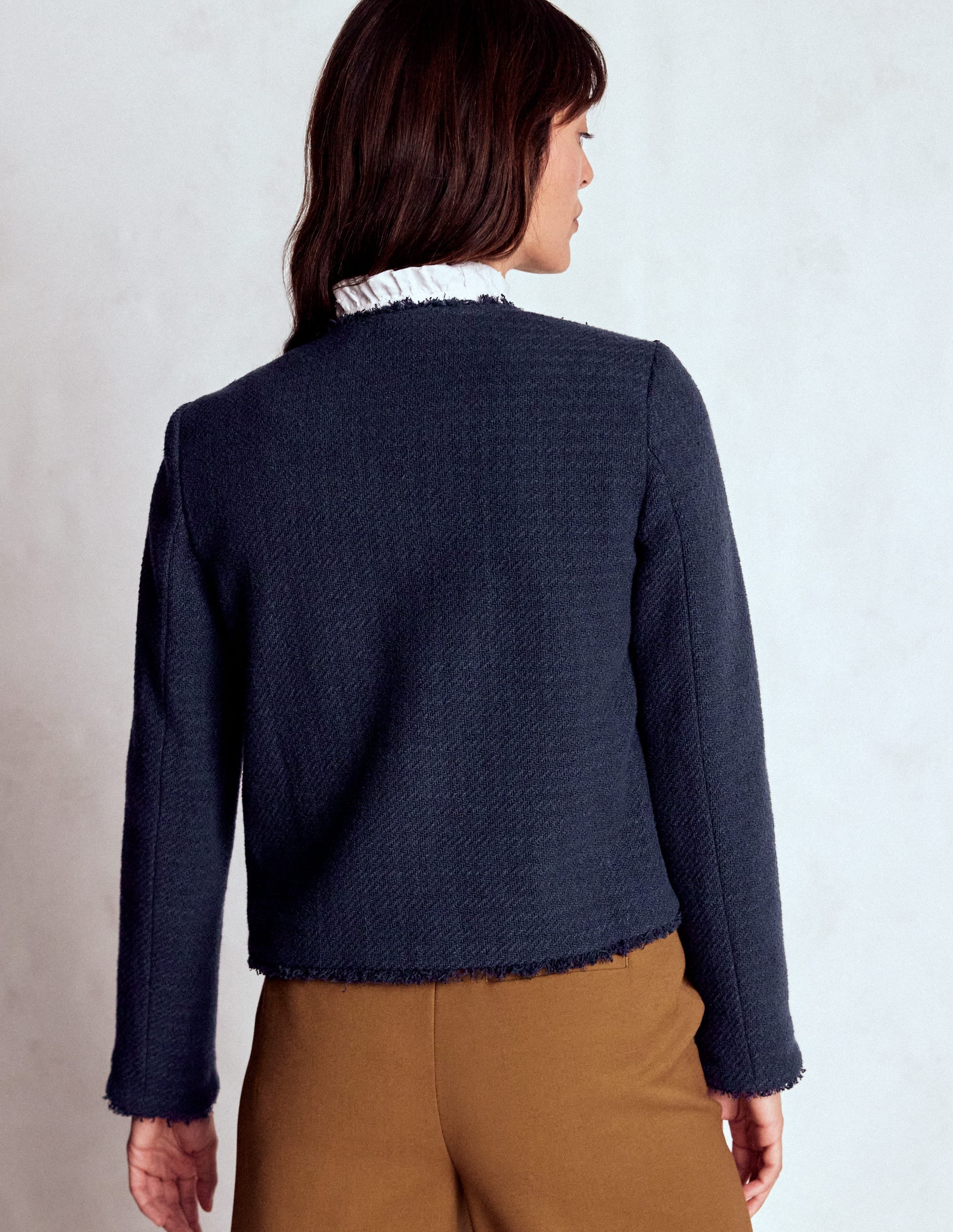 Collarless Textured Jacket-Navy