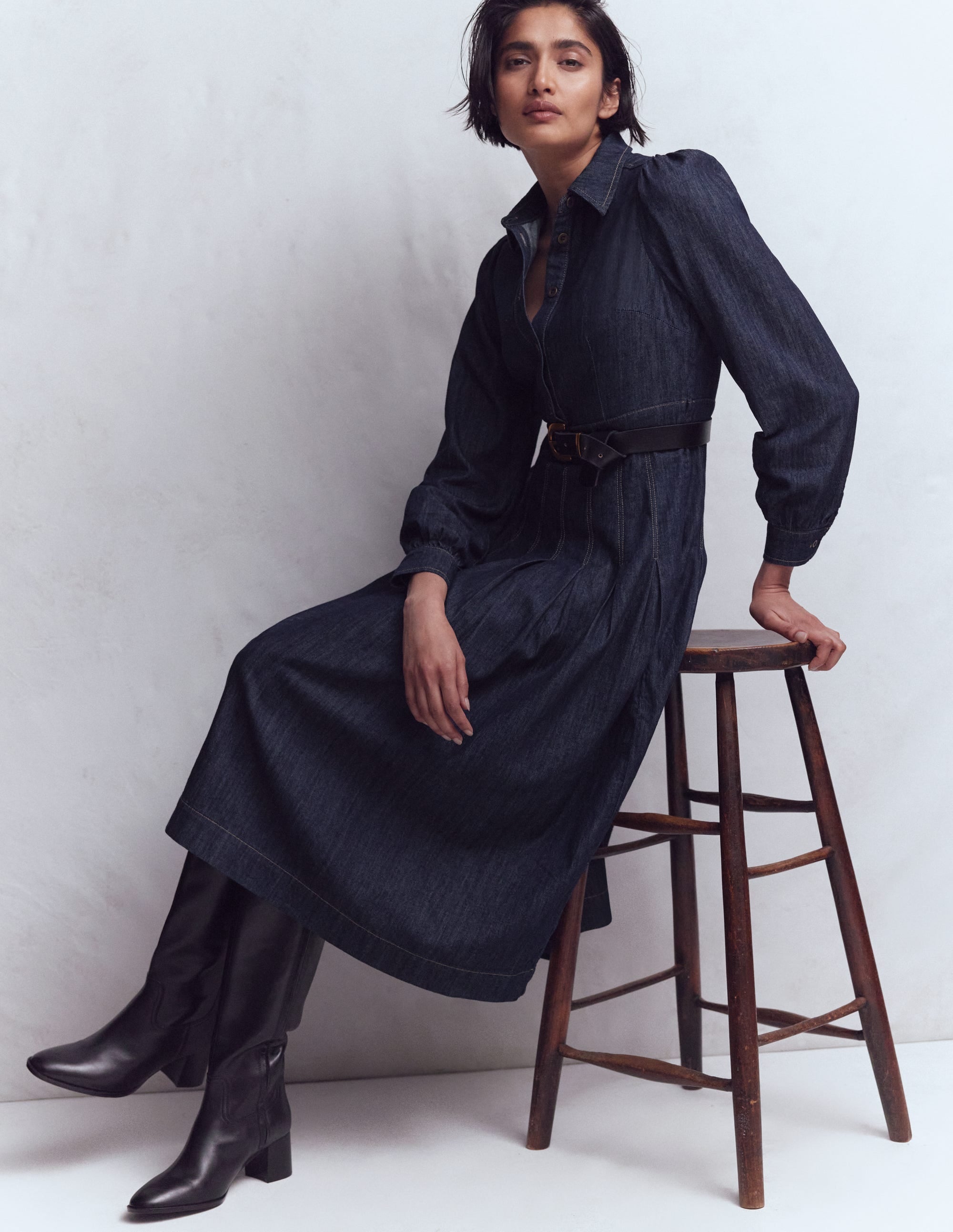 Pleat Skirt Denim Midi Dress-Indigo Wash