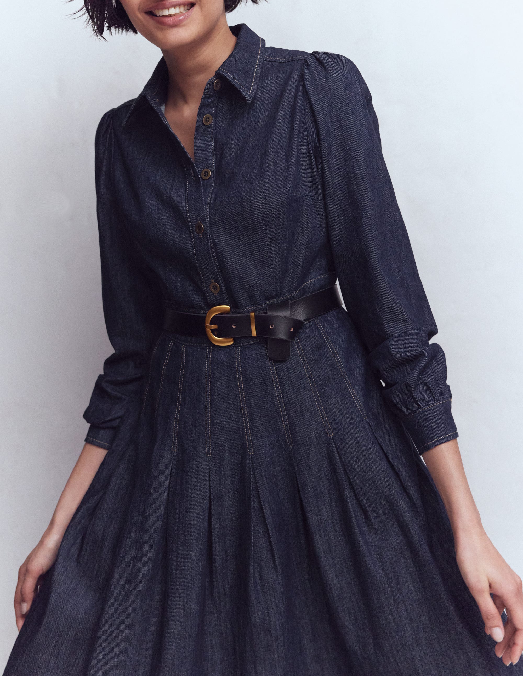 Pleat Skirt Denim Midi Dress-Indigo Wash
